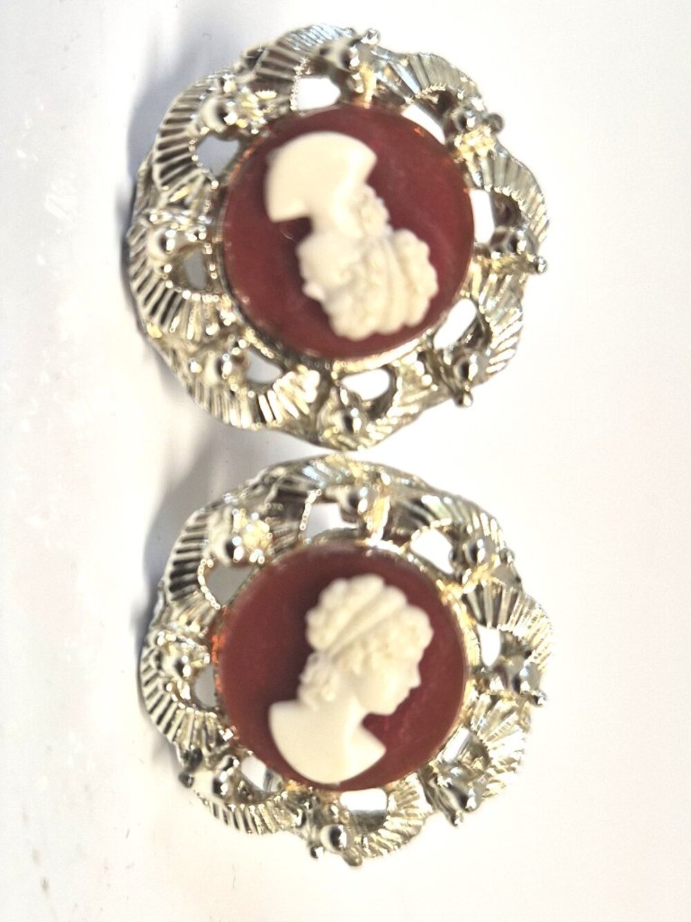 VTG Coro Cameo Screw Back Earrings Silver Tone Victorian Revival Mid Century